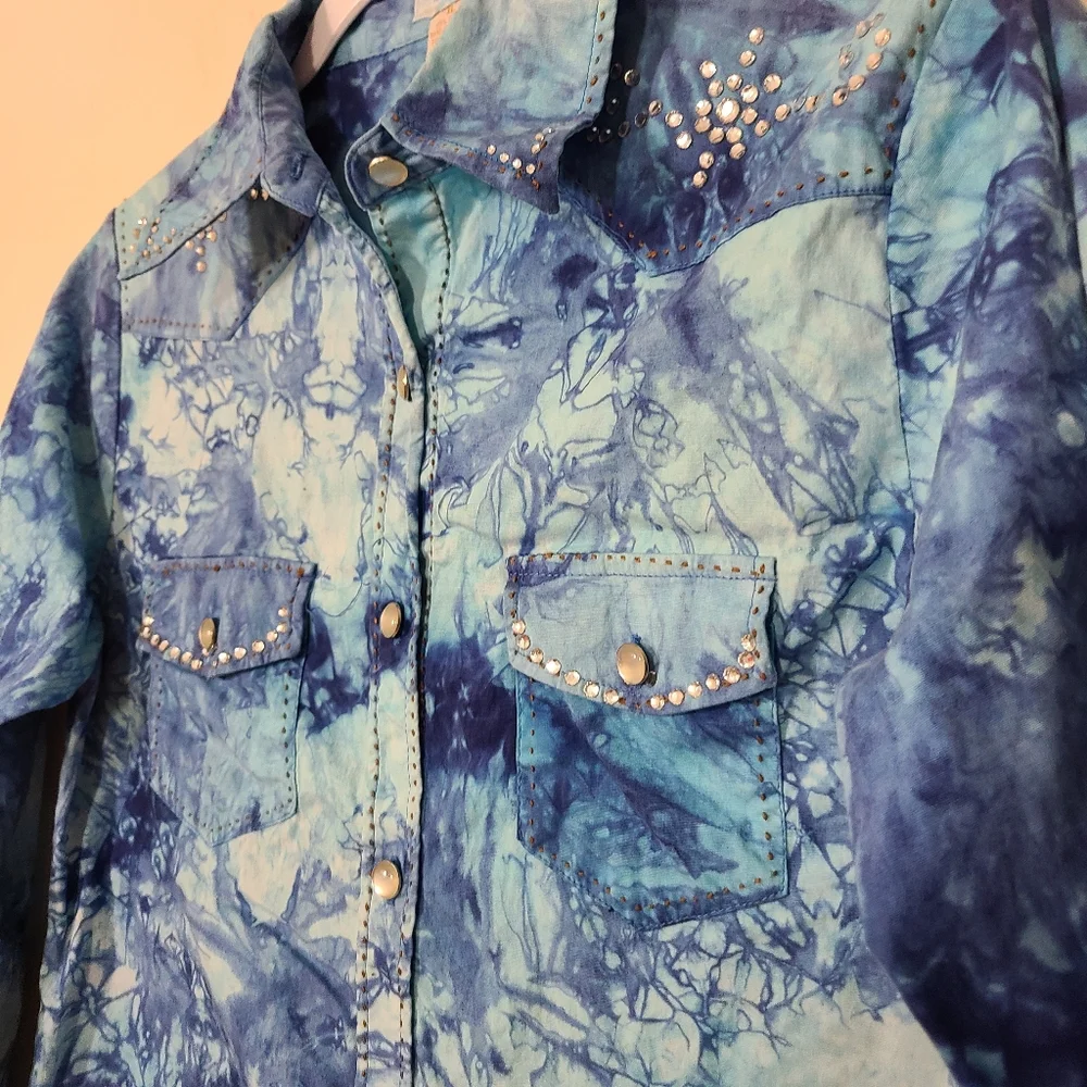 Y2K TyeDye Rhinestone Jacket Blue Silver Rhinestones Shirt With Pockets XL - Picture 5 of 11